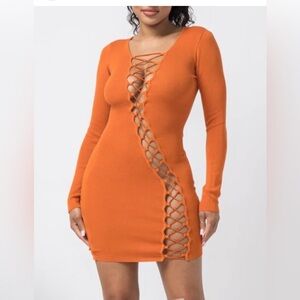 HERA COLLECTION LONG SLEEVE STRING UP MINI
DRESS (ORANGE RUST)